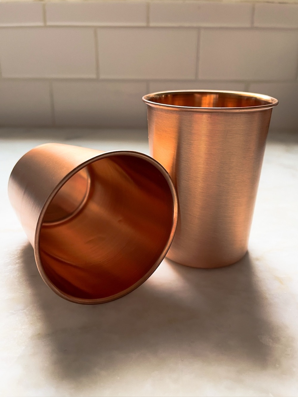 Set of Two Copper Water Cups Matte Finish with Natural Cotton Carry Bags